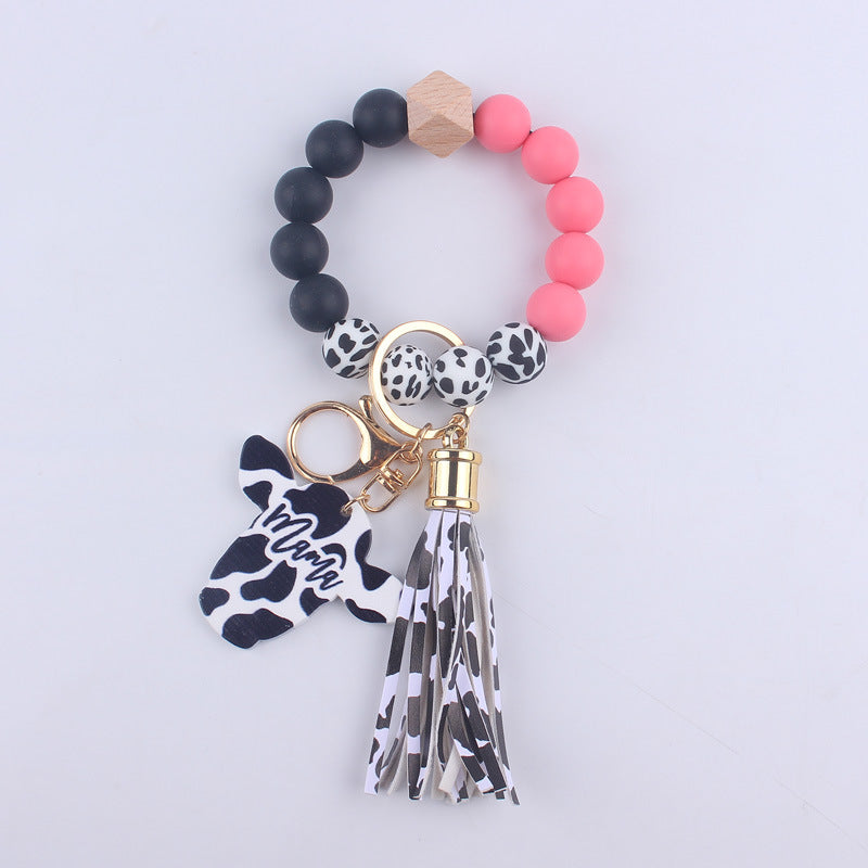 Wholesale MAMA Wood Chips Cow Head Western Style Silicone Beads Wrist Keychain